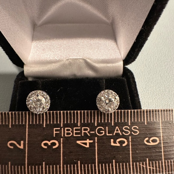 Diamond Halo Round Brilliant Stud Earrings 1.00 Ct TW 14K White Gold - Picture 7 of 8